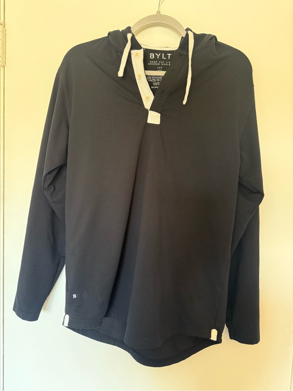 BYLT Basics Drop-Cut LUX Hooded Henley Black Pullover Hoodie Men's Size M